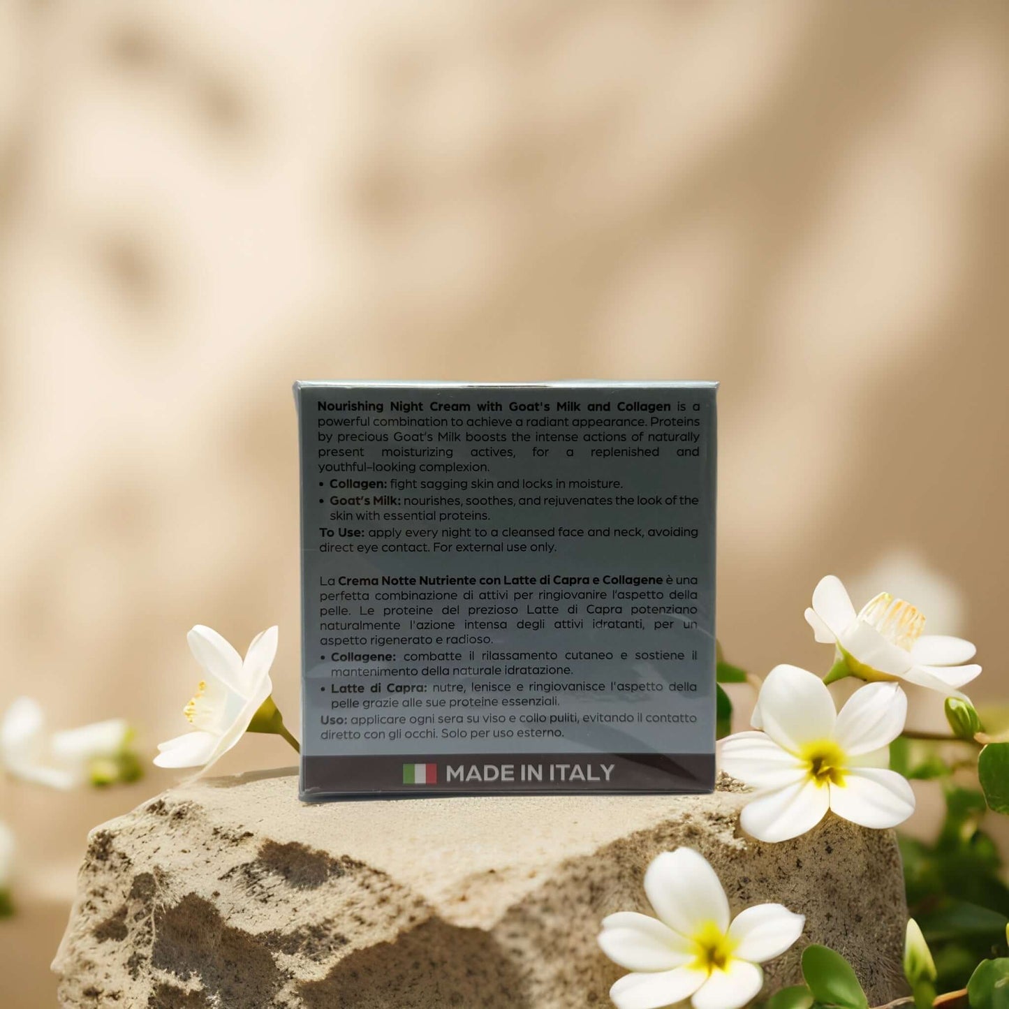 Nourishing Goat's Milk Night Cream packaging with Italian origin, highlighting collagen benefits for radiant skin.