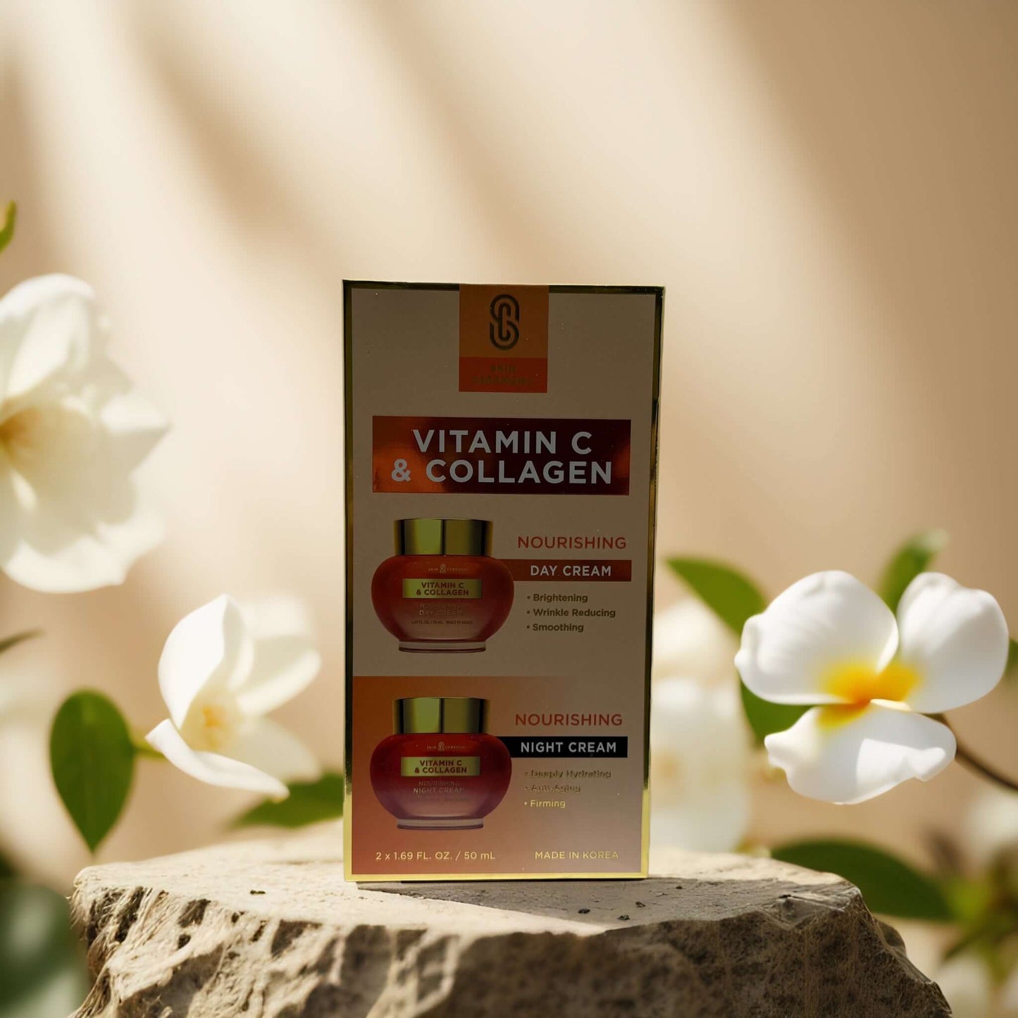 Nourishing Support Day and Night Creams by Skin Ceremony with Vitamin C and Collagen for radiant skin.