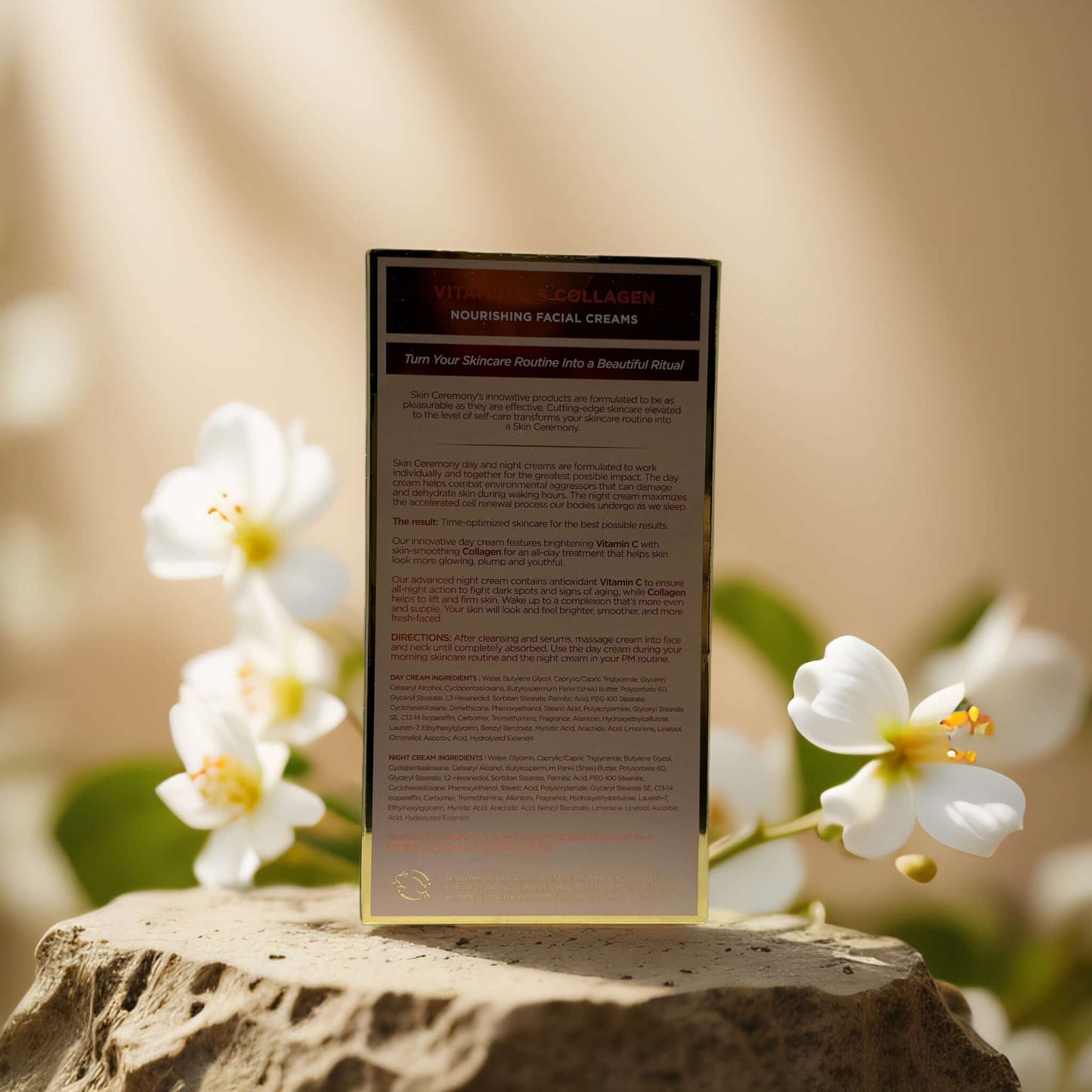 Skin Ceremony Nourishing Facial Creams box with Vitamin C and Collagen details surrounded by flowers.