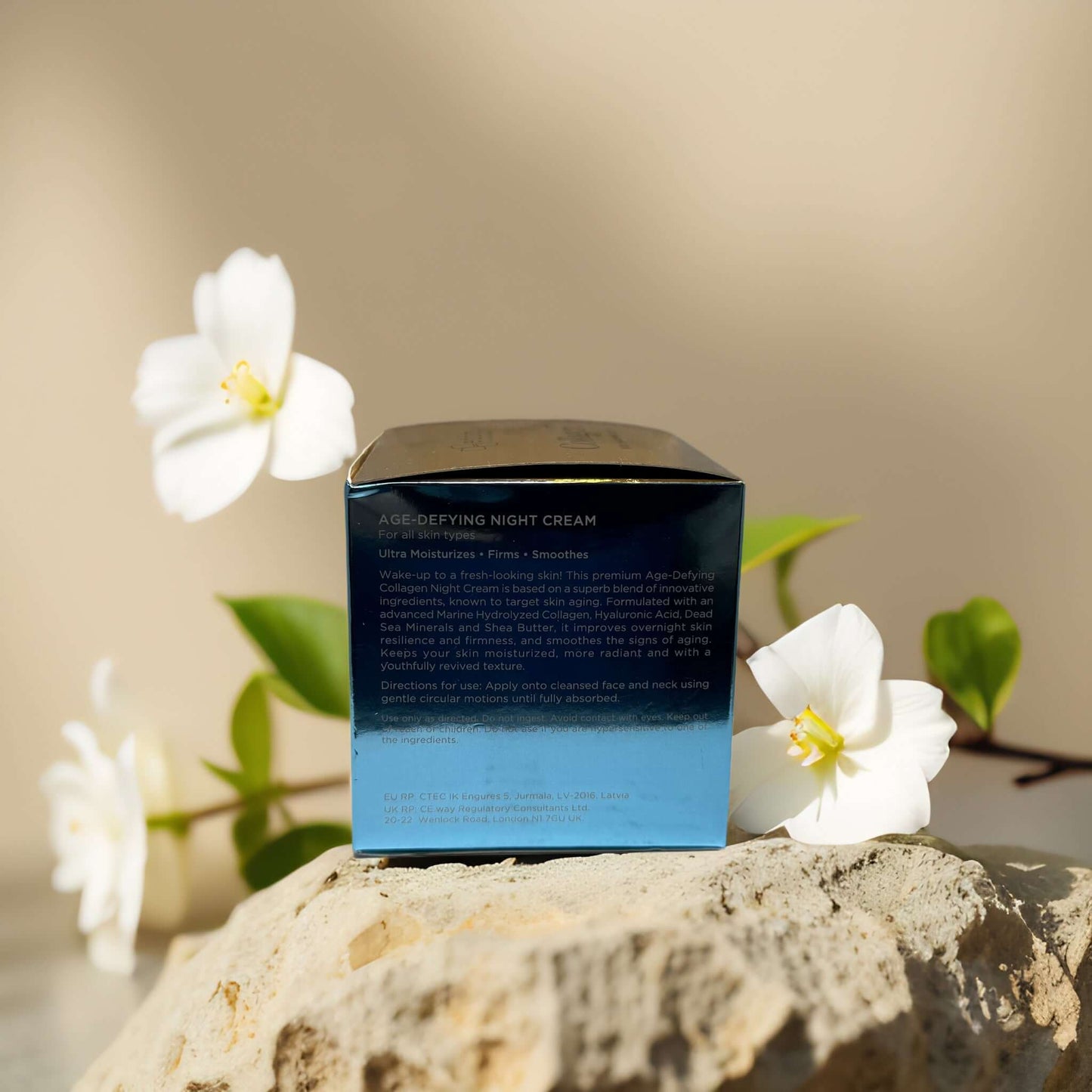 Age-defying night cream box with floral accents, featuring rejuvenating ingredients for mature skin.