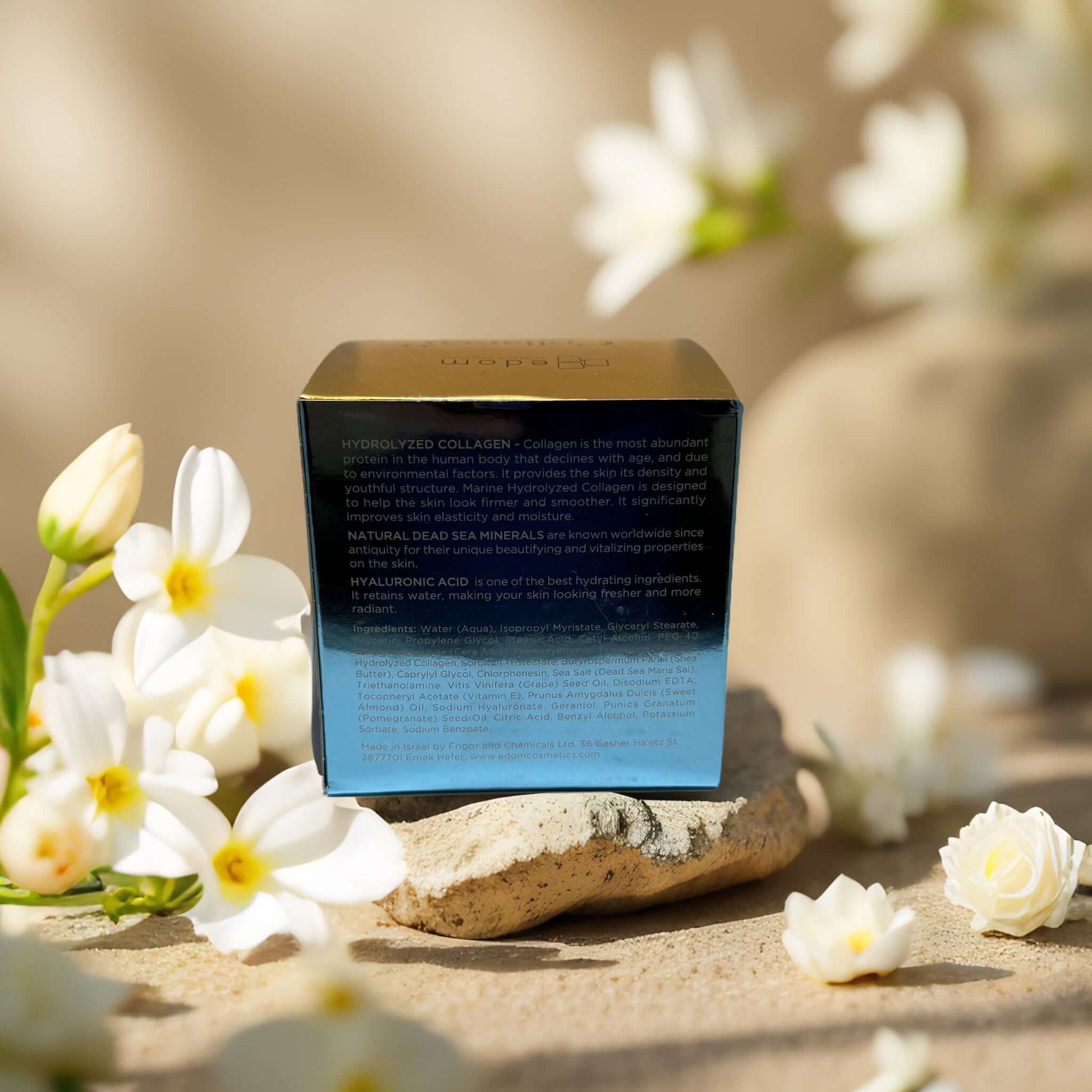 Overnight Firming Collagen++ Age-Defying Night Cream box with floral background, highlighting key ingredients.