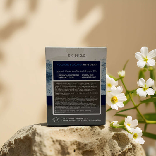 Skin 2.0 Plumping Night Repair cream box showing hyaluronic acid and collagen benefits for hydration and smooth skin.