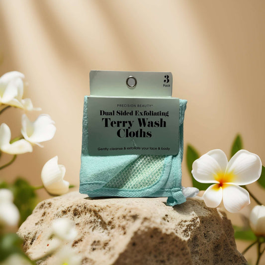 Buff & Cleanse dual-sided exfoliating terry wash cloths by Precision Beauty, 3-pack for gentle cleansing and exfoliation.