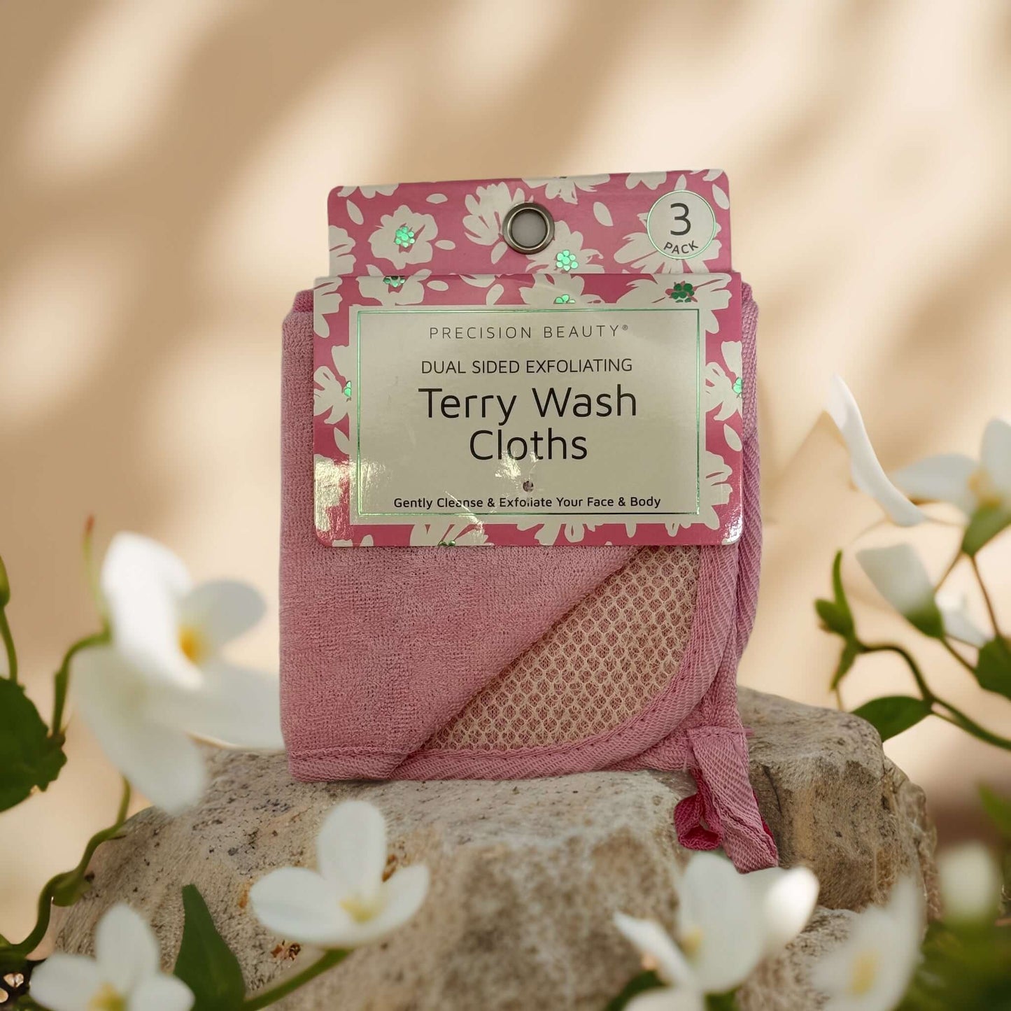 Precision Beauty dual-sided exfoliating terry wash cloths in pink packaging, ideal for gentle cleansing and exfoliation.