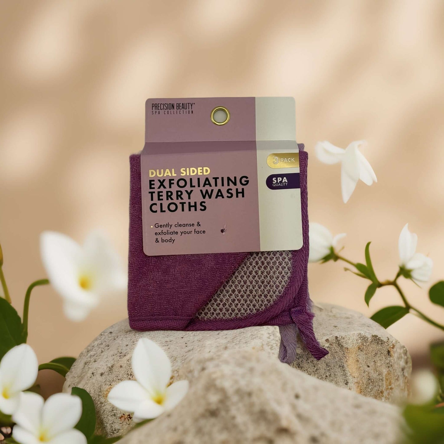 Dual-sided exfoliating terry wash cloths by Precision Beauty for gentle cleansing and exfoliation - 3 pack.