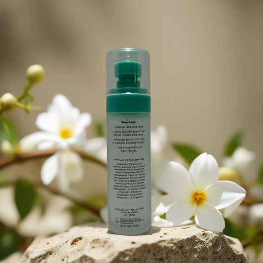 Hyaluronic Face Serum by Precision Beauty with floral background, showcasing directions for use on the bottle.