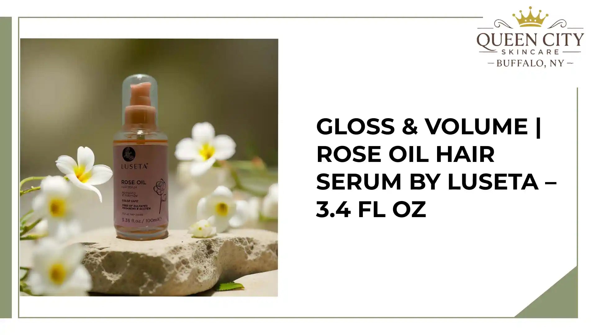 Gloss & Volume Rose Oil Hair Serum by Luseta in 3.4 fl oz bottle with flowers, promotes shine and hydration.