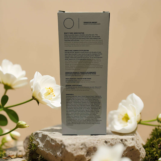 Label on a skincare product box with usage instructions and ingredients, surrounded by flowers.