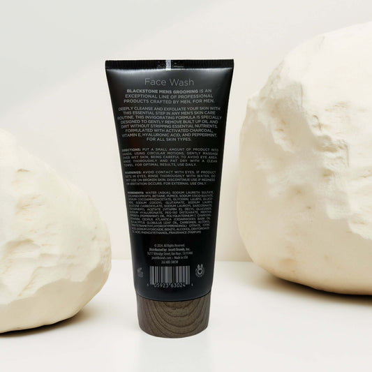 Back view of Blackstone Men's Grooming face wash tube.