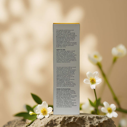 Back of Radiance Boosting Scrub packaging showing usage instructions, ingredients, and benefits.