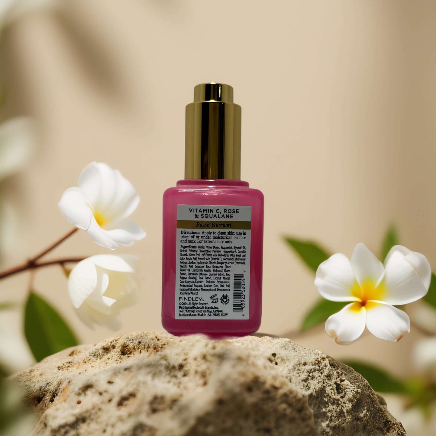 Findley Radiance Support Vitamin C, Rose & Squalane Serum in 2.0 fl oz with floral background.