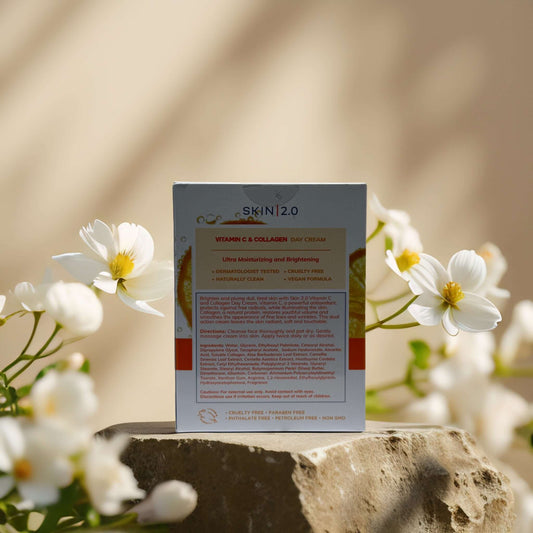 Skin 2.0 Vitamin C & Collagen Day Cream packaging with flowers, highlighting hydration and brightening benefits.