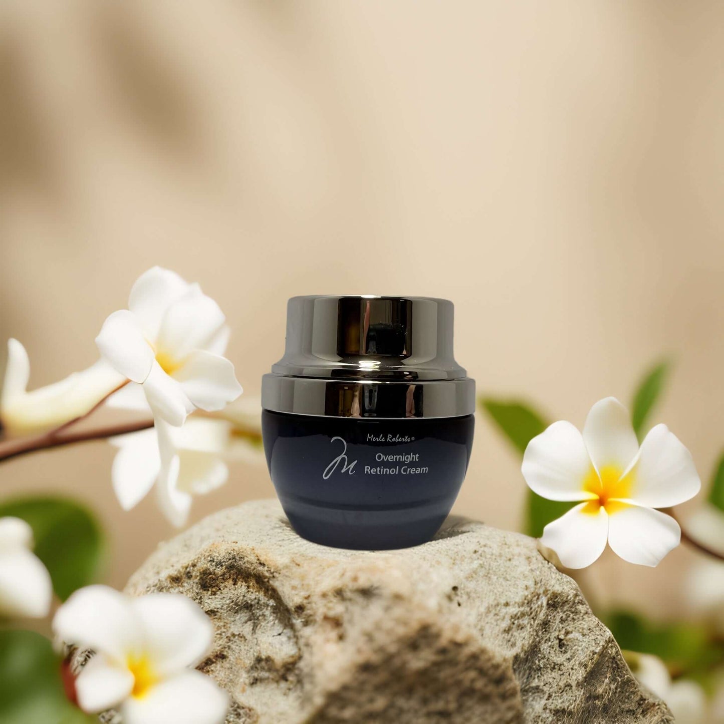 Overnight Retinol Facial Cream by Merle Roberts with florals, designed for fine lines and hydration.