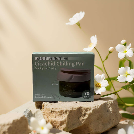 Cicachid Chilling Pad by NEEDLY, vegan toner pads for calming and cooling sensitive skin, 70 pads in eco-friendly packaging.