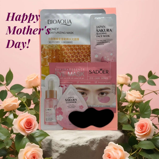 Mother's Day skincare gift set with masks and cleanser.
