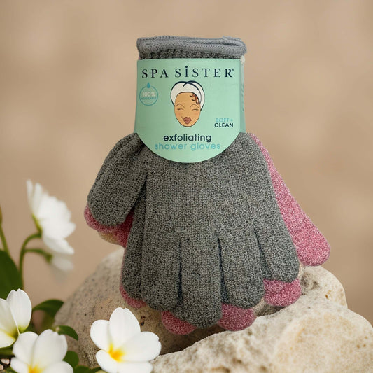 Spa exfoliating shower gloves in gray and pink, designed for full-body use, 3-pack for smooth, glowing skin.