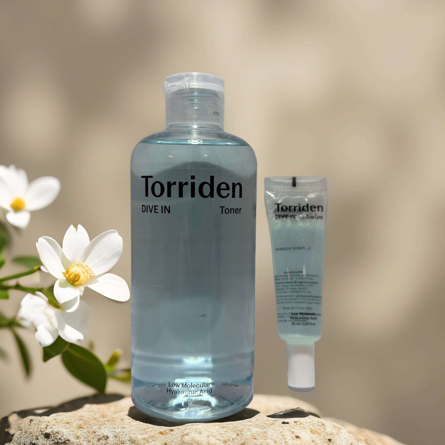 Torriden Dive In Toner and Serum set featuring lightweight hydration for dry and sensitive skin, with floral background.