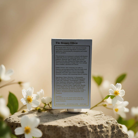 Back of The Beauty Elixir under-eye firming treatment with floral background