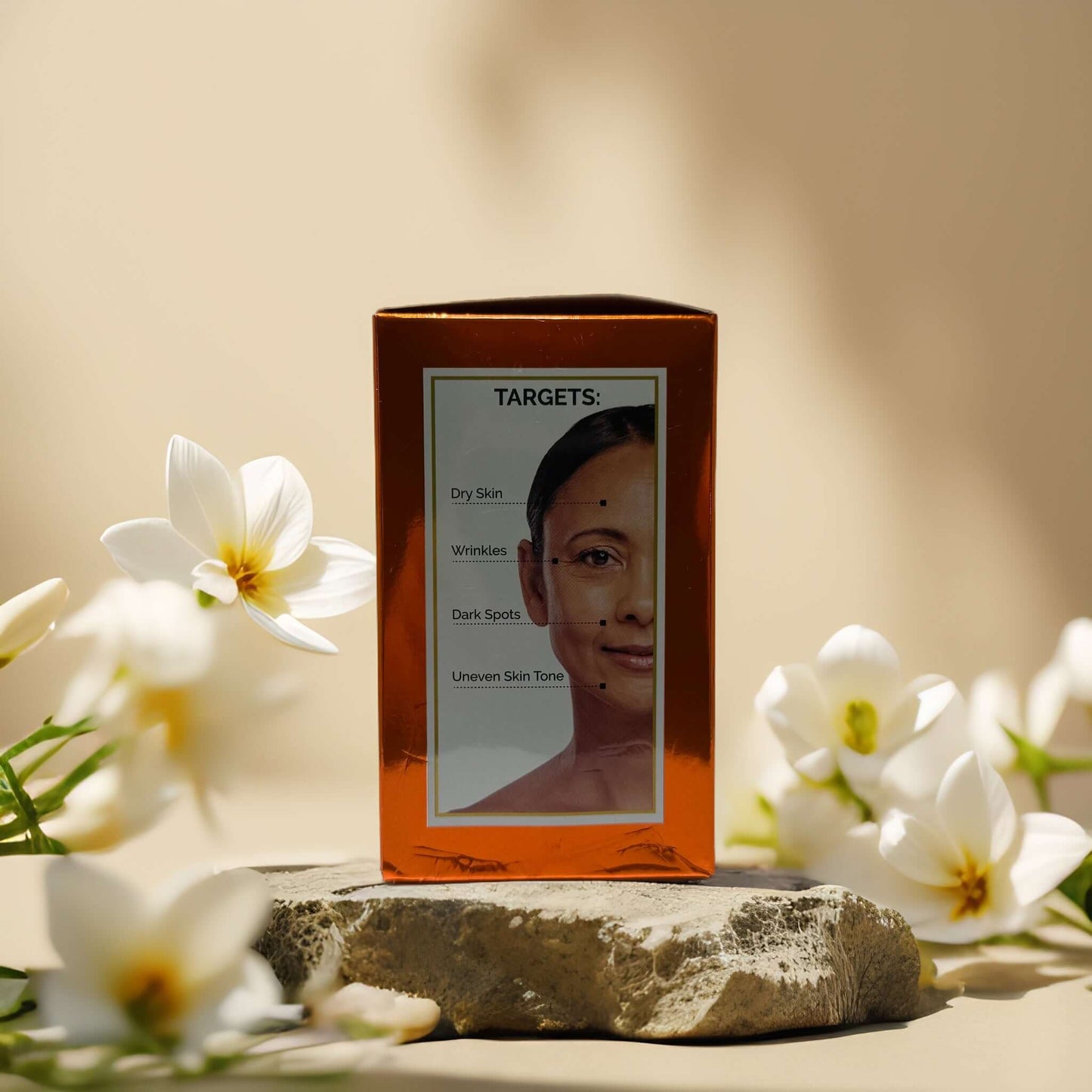 Neogold Vitamin C face cream packaging highlighting targets like dry skin, wrinkles, and dark spots with floral background.