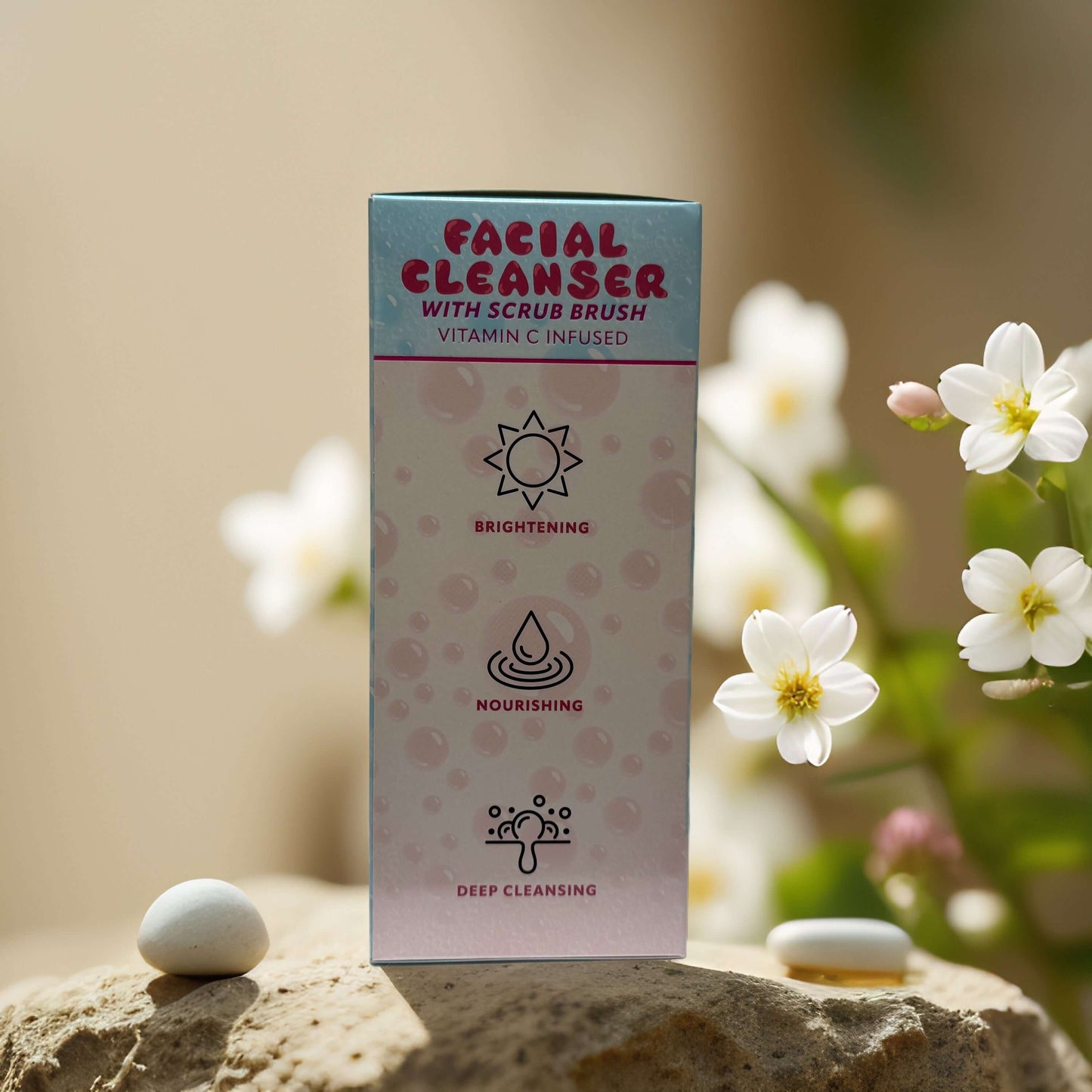 Vitamin C facial cleanser box featuring scrub brush, highlighting brightening, nourishing, and deep cleansing benefits.