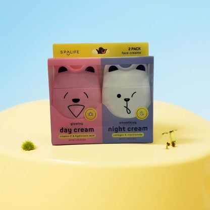 SpaLife Face Cream Duo in dog-shaped jars, Vitamin C & Collagen.