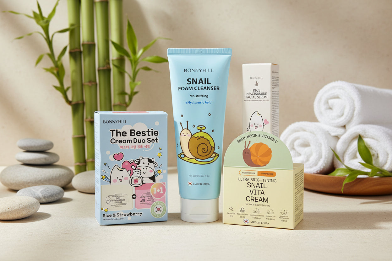 Set of skincare products including a cream duo set, foam cleanser, and serum on a white background