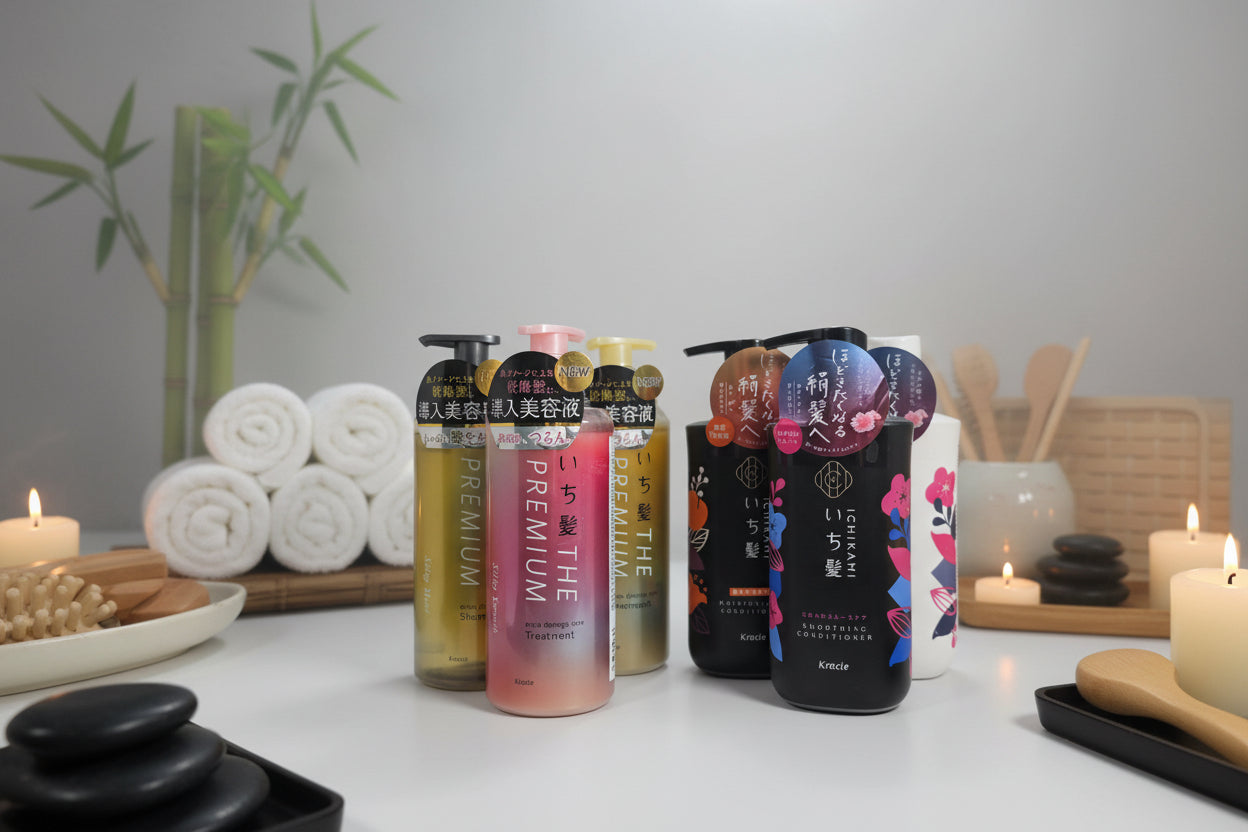 Collection of skincare and hair care products with colorful packaging on a white background