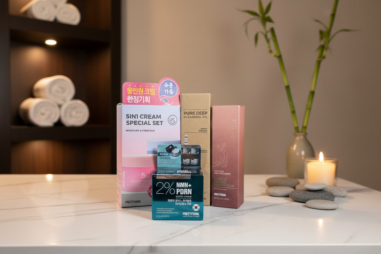 Collection of skincare product boxes on a white background