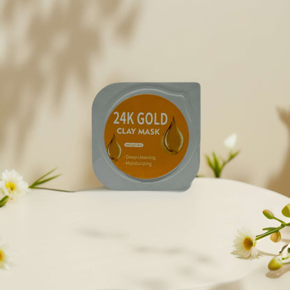 24K Gold Clay Mask pod showcasing deep cleansing and moisturizing benefits against a soft, neutral background.