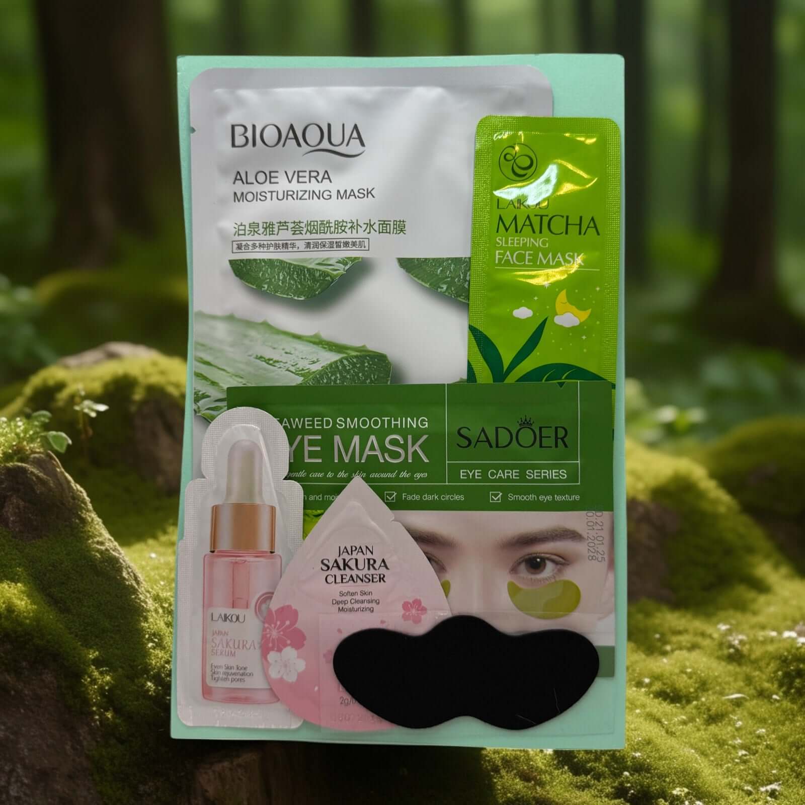 Spa night skincare essentials: masks, cleanser, eye jellies.