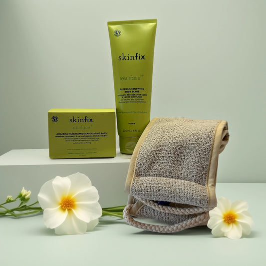 Skinfix Resurface+ Exfoliation Set – AHA/BHA Pads, Scrub & Aquis Back Tool - Queen City Skincare