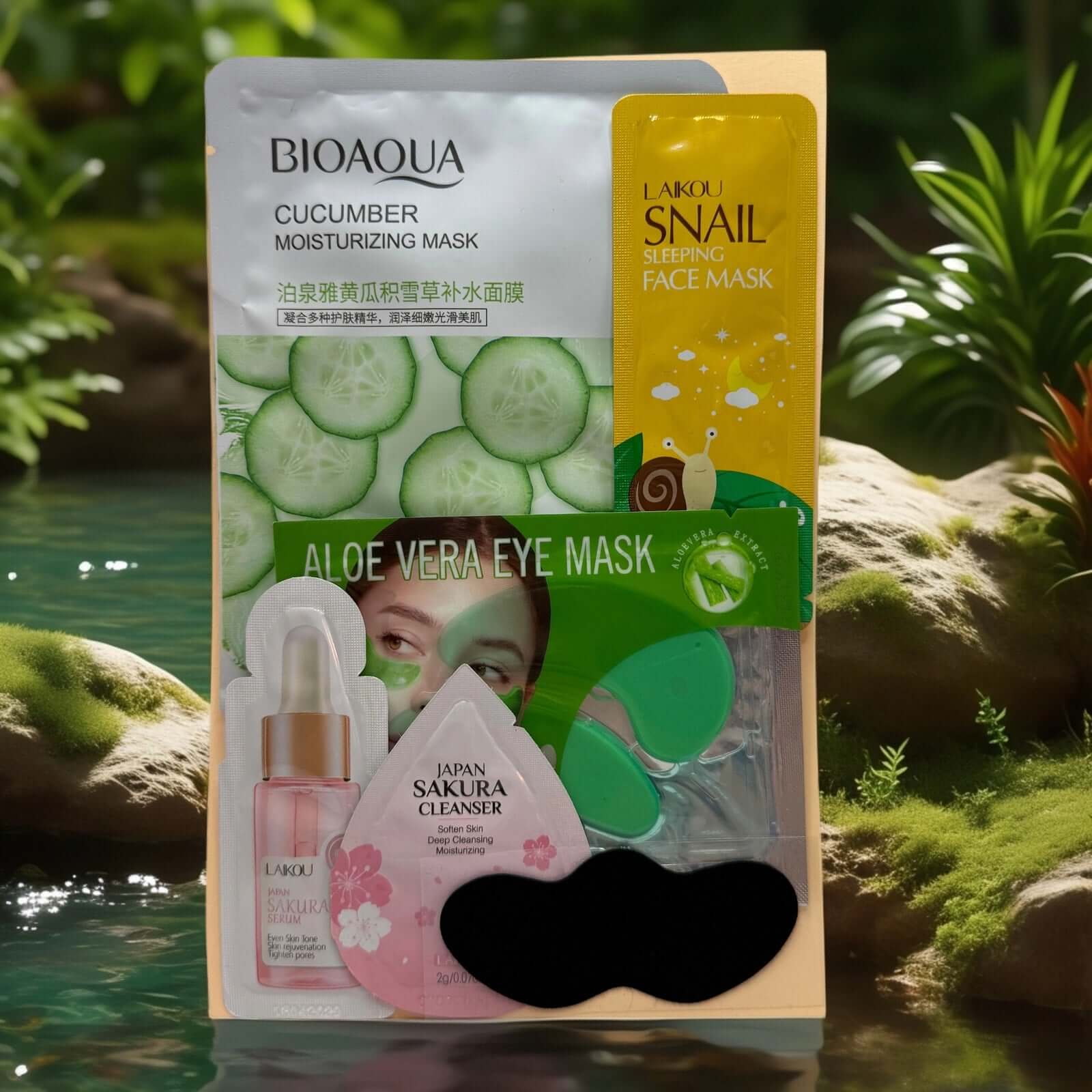 Spa night skincare masks: cucumber, snail, and aloe eye mask.