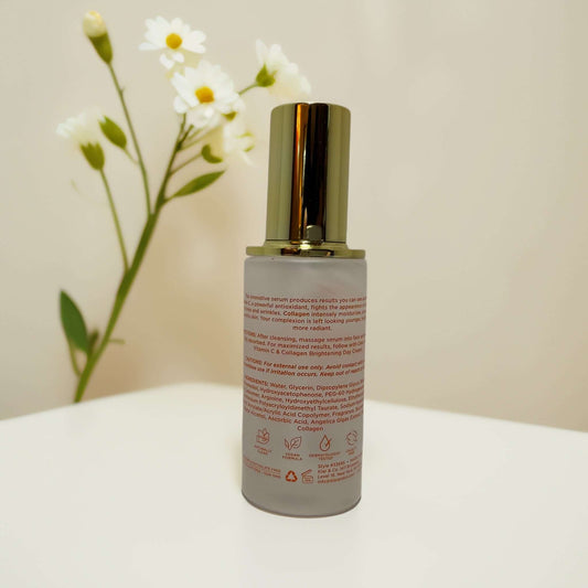 Cellamage Brightening C+ Serum bottle with floral backdrop.