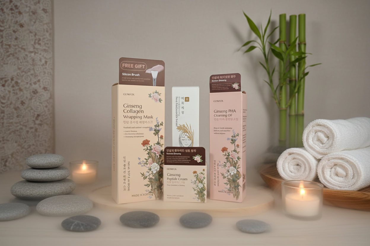 Set of skincare products including a mask, cream, and oil with floral designs on boxes against a gray background.