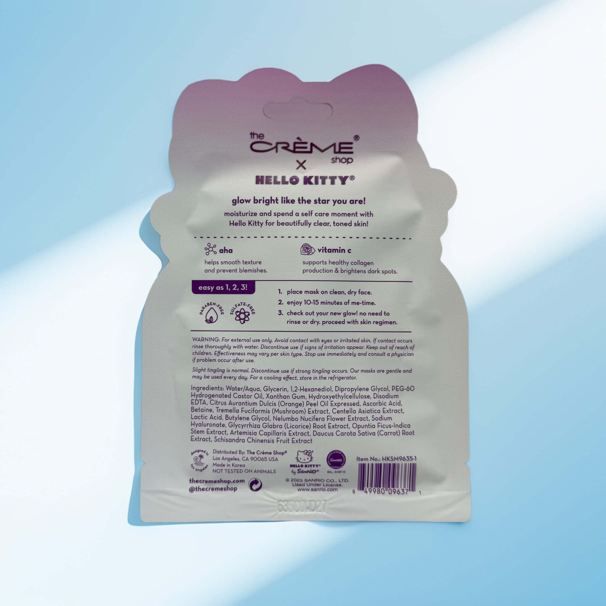 Back of The Crème Shop x Hello Kitty sheet mask package.