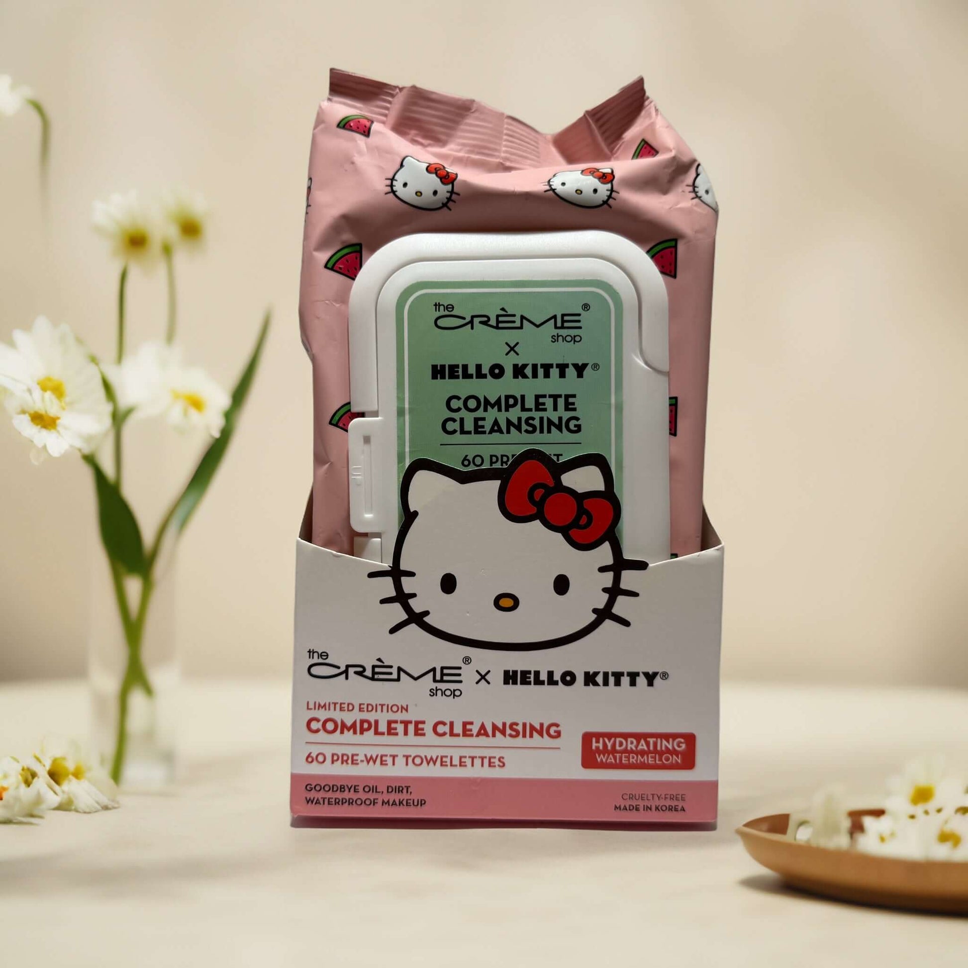Hello Kitty hydrating cleansing wipes pack, 60ct, essence-rich.