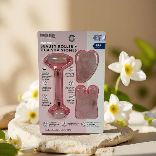 De-Puff & Sculpt | Rose Quartz Facial Roller + Gua Sha Set – Spa Quality Tools