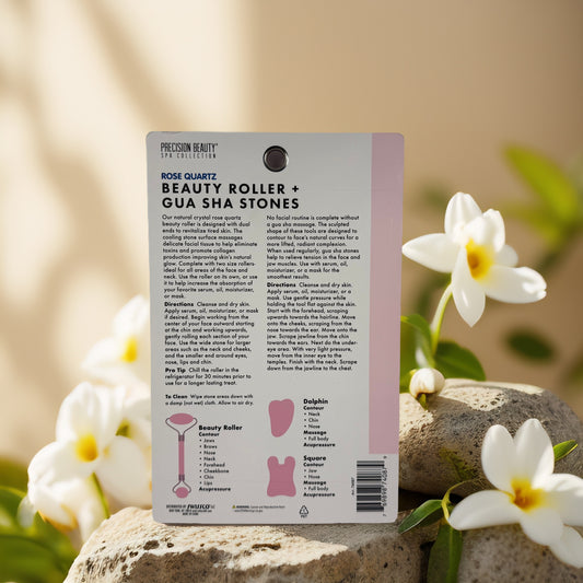 De-Puff & Sculpt | Rose Quartz Facial Roller + Gua Sha Set – Spa Quality Tools