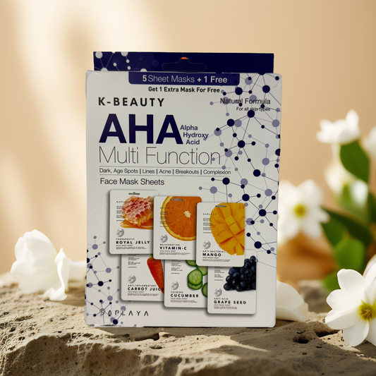 AHA Multi-Function | Exfoliating Face Sheet Mask Set by Saplaya – 6 Masks