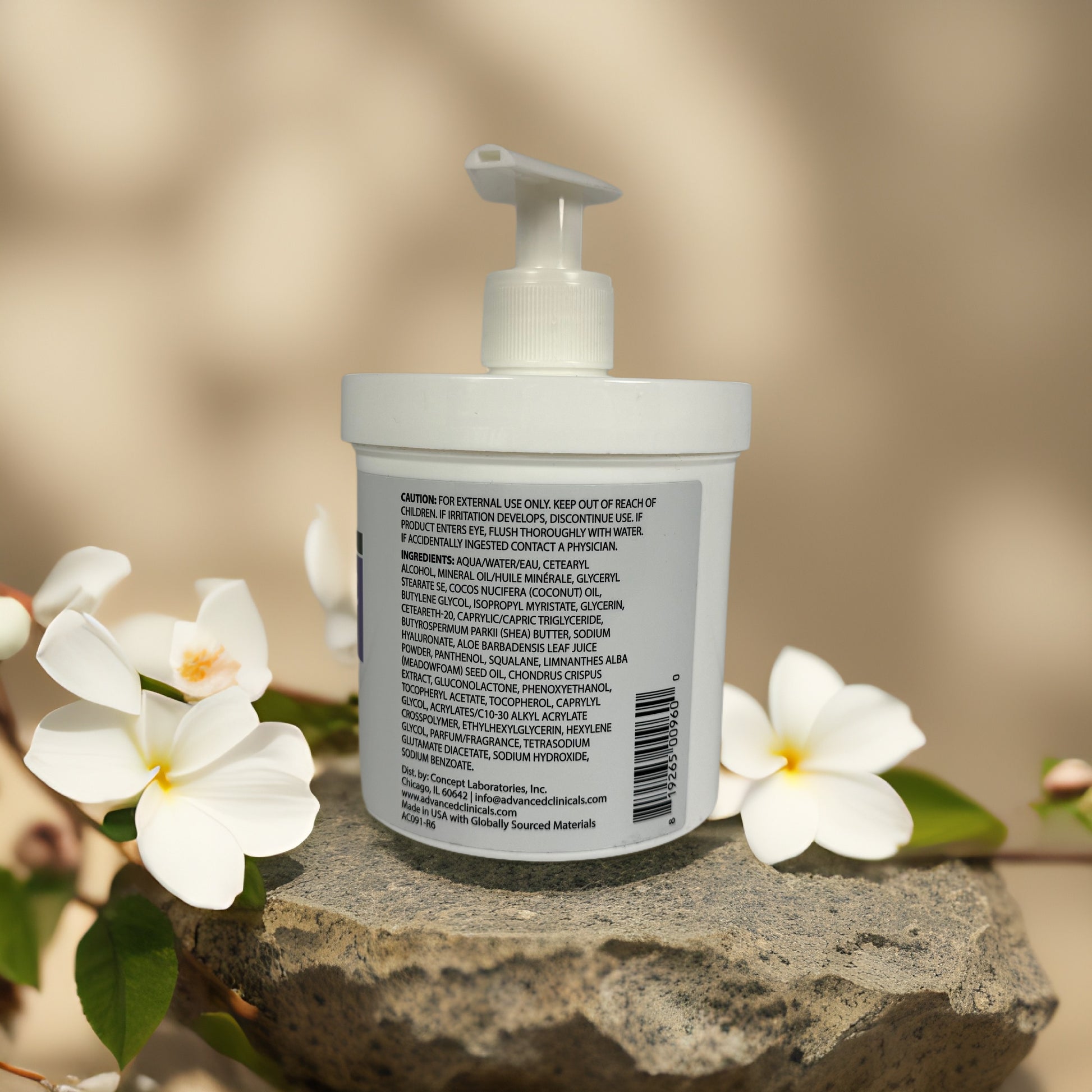 Hydrates & Firms | Hyaluronic Acid Body Cream by ADVANCED CLINICALS – 16 oz., viewed from behind with ingredient list.