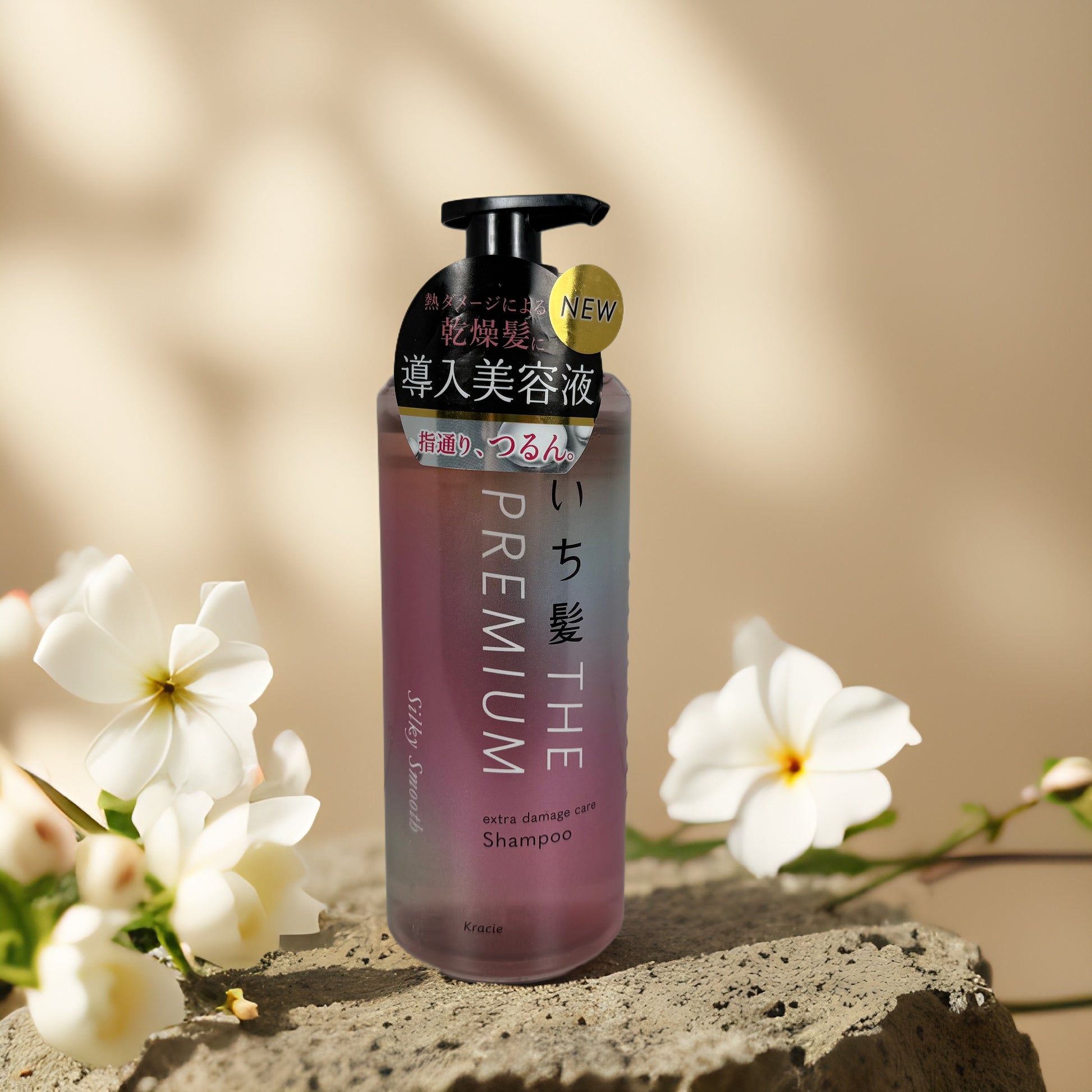 Silky Smooth & Damage Care | Ichikami Premium Shampoo by Kracie – 480ml on a textured background with flowers.
