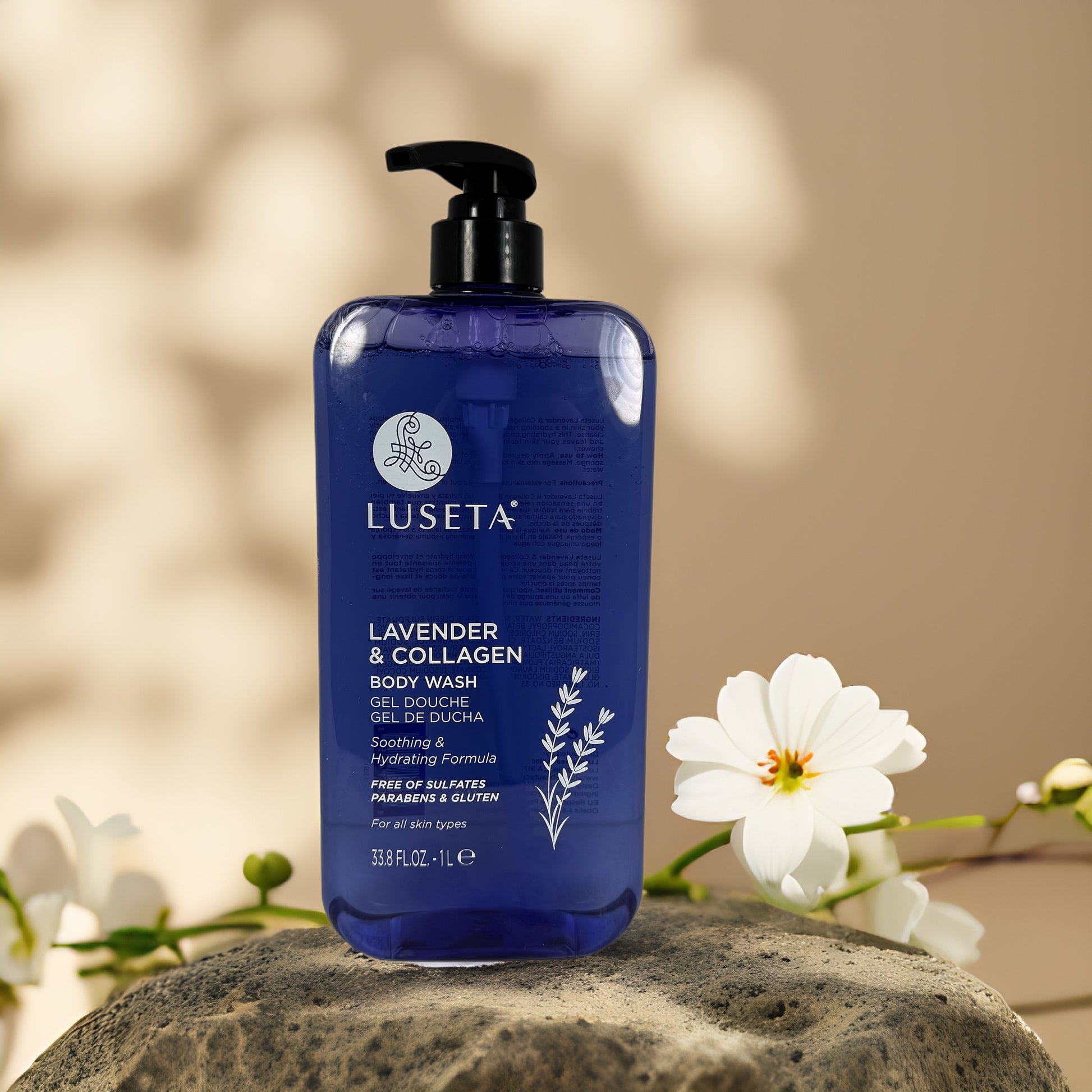 Soothing & Relaxing | Lavender & Collagen Body Wash by LUSETA – 33.8 fl oz (1L) bottle on a serene background with flowers.