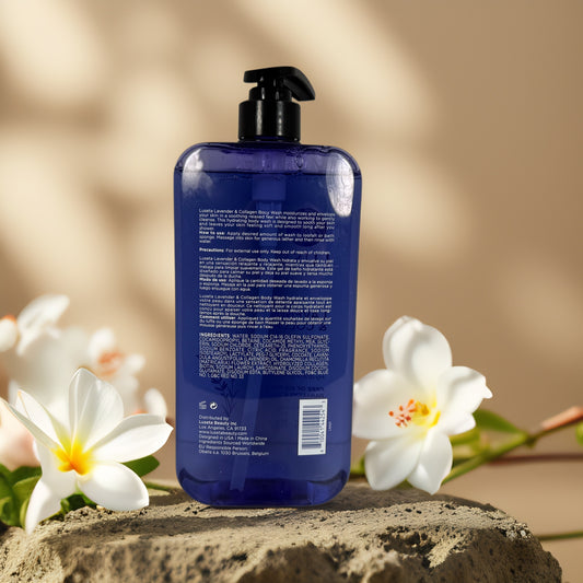 Soothing & Relaxing | Lavender & Collagen Body Wash by LUSETA – 33.8 fl oz (1L) back view with white flowers.