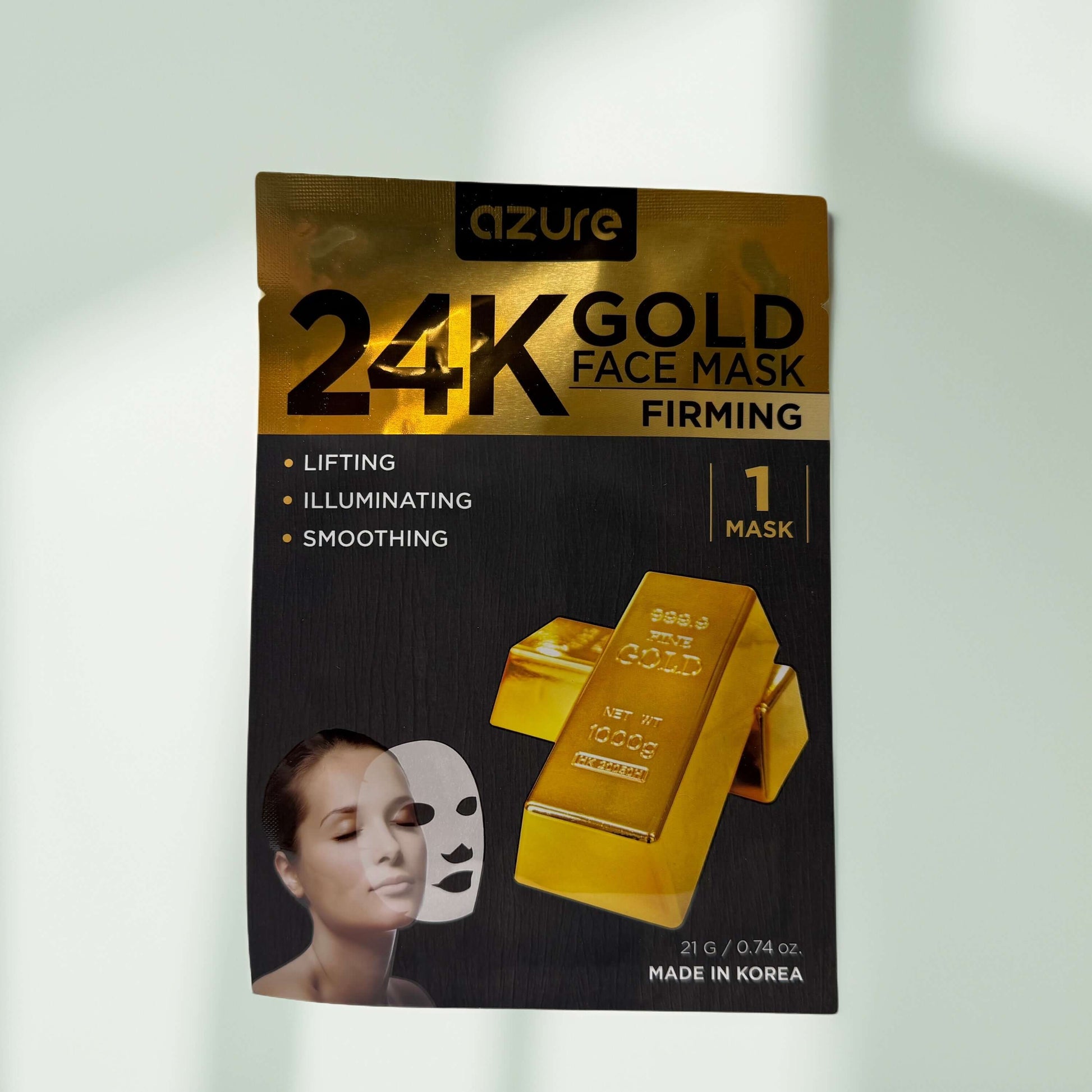 Azure 24K Gold Face Mask packaging, featuring lifting and illuminating benefits.