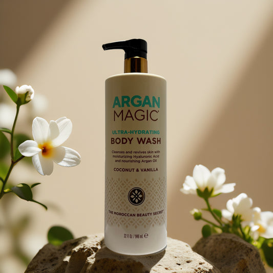 Argan Magic Ultra-Hydrating Body Wash with argan oil, coconut and vanilla scent, promoting soft, nourished skin.
