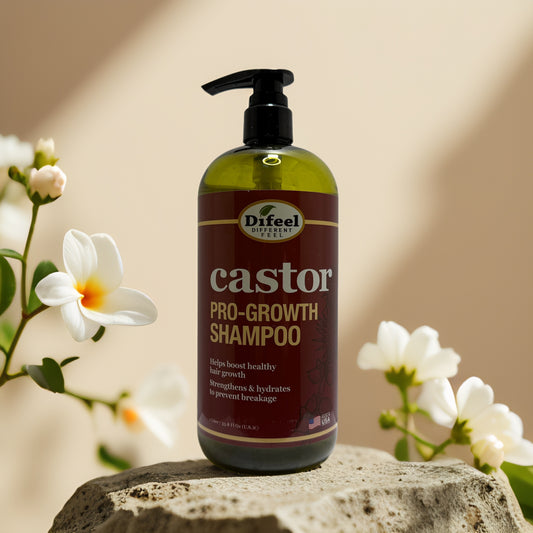 Difeel castor Pro-Growth Shampoo bottle for healthy hair growth and strength, featuring floral background.
