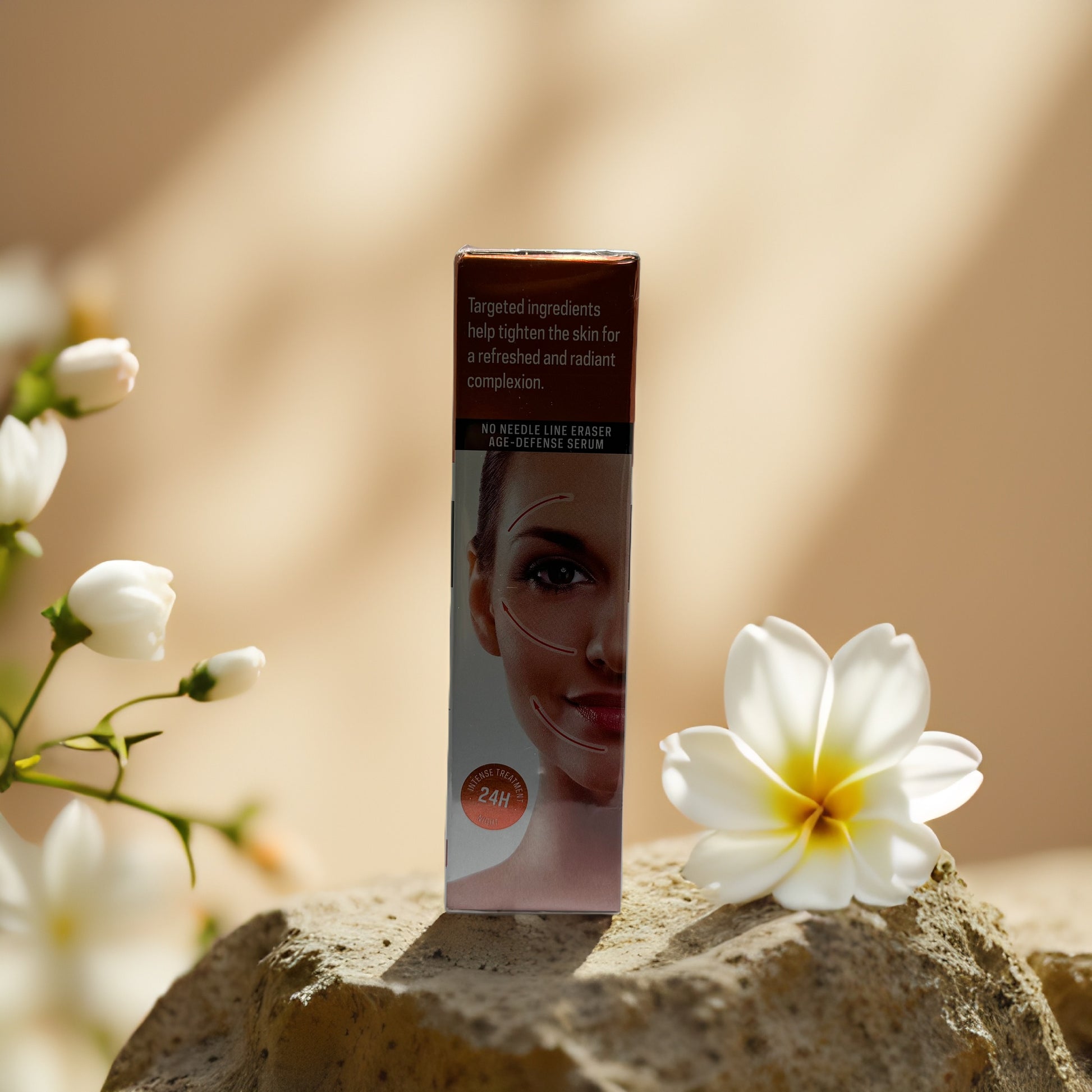Lift & Brighten Face Lift Tightening Serum packaging on a stone with flowers in the background, showcasing its anti-aging benefits.