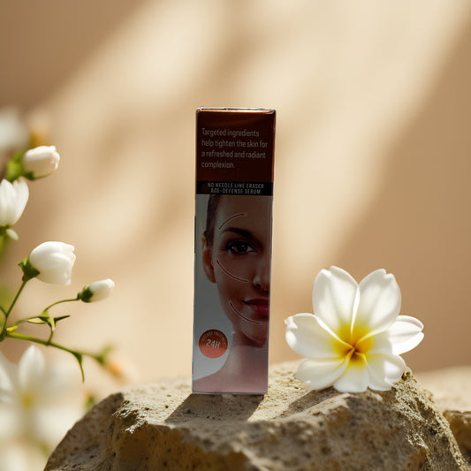 Lift & Brighten Face Lift Tightening Serum packaging on a stone with flowers in the background, showcasing its anti-aging benefits.