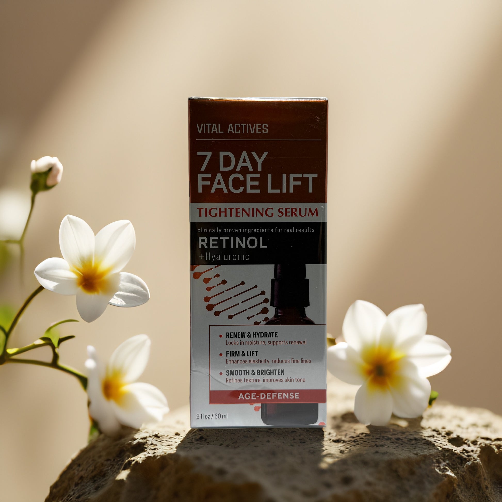 Lift & Brighten 7 Day Face Lift Tightening Serum by Vital Actives with retinol and hyaluronic acid in packaging.