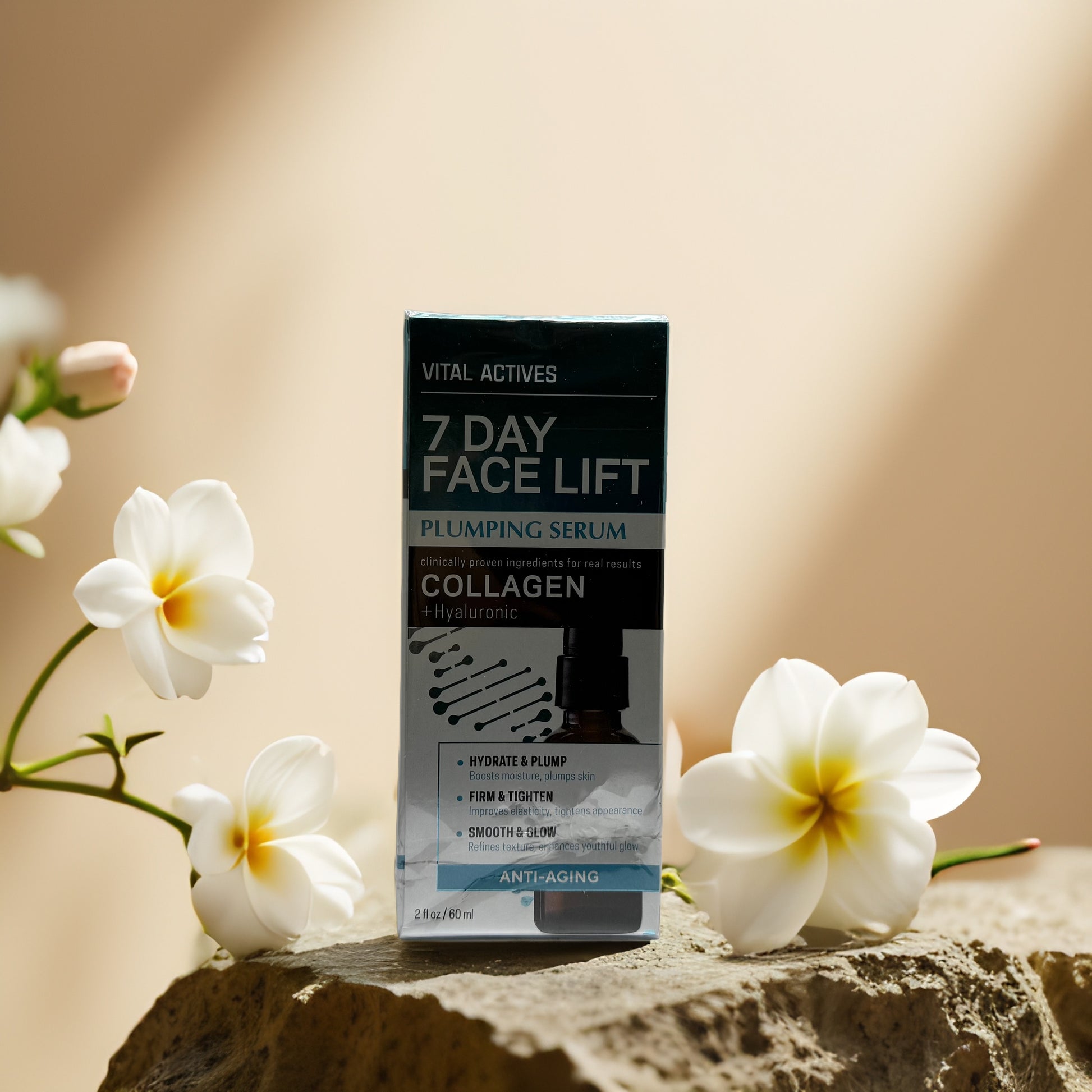 Lift & Brighten 7 Day Face Lift Plumping Serum by Vital Actives with collagen and hyaluronic acid.